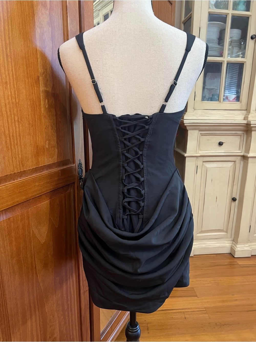 Square Neck Black Satin-Trim Mini Dress - Picture 6 of 10